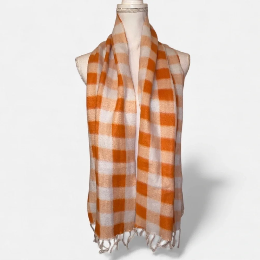 WINTER SCARF in Orange & White Plaid w/Wool Like Material for Men or Women